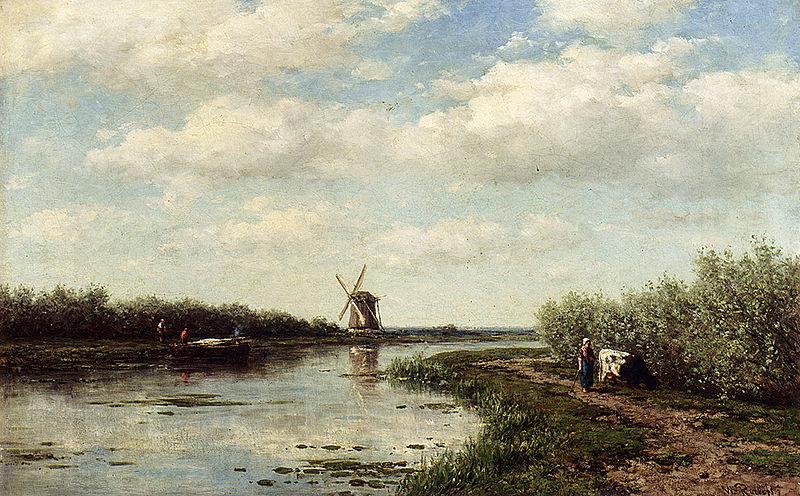 Willem Roelofs Figures On A Country Road Along A Waterway Germany oil painting art